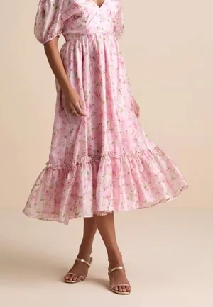 Lulus Sincerely Wondrous Pink Floral Puff Sleeve Tiered Midi Dress thumbnail 1