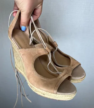 Trina Turk Tan Suede Espadrille Wedge Sandals Lace Up Ankle Tie 8M thumbnail 1