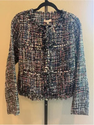 Easel Women's Pearl Embellished Tweed Blazer in Black Size S thumbnail 2