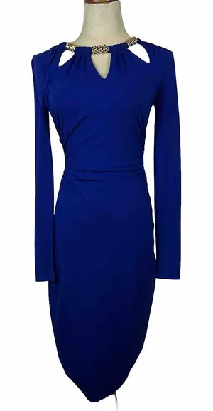 Cache Bodycon Dress Womens XS Blue Studded Keyhole Ruched Vintage‎ Long Sleeve thumbnail 1