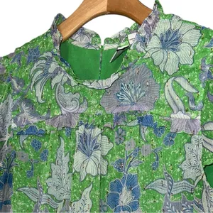 Joie Women’s L Green Pleat Femme Floral Cap Sleeve Ruffle Crew Neck Blouse Top thumbnail 3