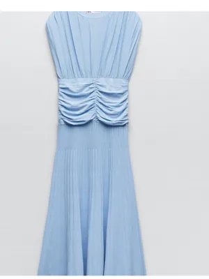 Zara ruched pleated knit Light Blue Midi Dress, stretchy thumbnail 7