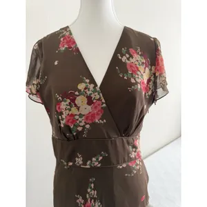 David Warren Silk Floral Midi Dress Brown Y2K 90s Empire Waist Cap Sleeve‎ 8 EUC thumbnail 4