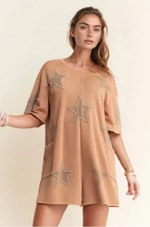 Davi & Dani Camel Casual Romper with Pearl Stars Western Chic Coastal Cowboy thumbnail 1