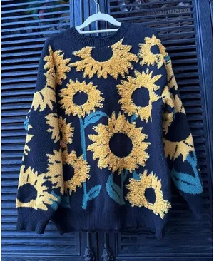 Women's oversized Black sweater with yellow sunflowers large thumbnail 1