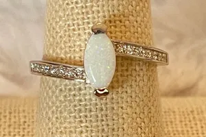 Sterling Silver White Opal Marquise Ring CZ Accents Size 9 Dainty Stackable thumbnail 1