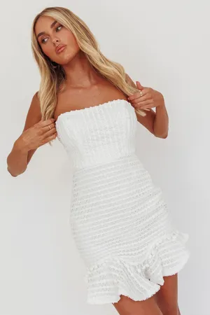 Aiyana Strapless Geometric Detail Overlay Flounce Hem Mini Dress White thumbnail 1