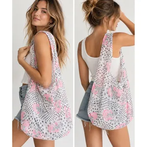 Free People Gauze Tote Bag Boho Floral Reusable Shopper Pink Stars Polka Dot thumbnail 2