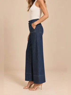 Zara Y2K Dark Wash High Rise Palazzo Wide Leg Patch Pocket Jeans 26” Inseam Crop thumbnail 2