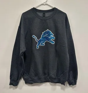 Gildan Detroit Lions sweatshirt! Sequin glitter bling lions logo gray size Large! thumbnail 6