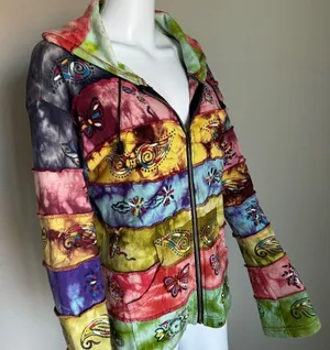 Rainbow Patchwork Boho Hippie Tie Dyed Full Zip Hoodie Women’s Size M/L thumbnail 1