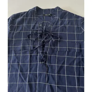 Madewell Silk Lace-up Shirt Blouse Windowpane Plaid Navy White Size Small thumbnail 4
