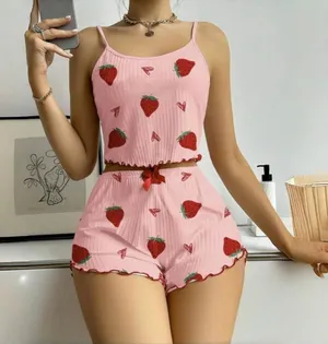 Women’s Pink Strawberry Graphic Ribbed Knit Cami & Shorts Pajama Set S thumbnail 1