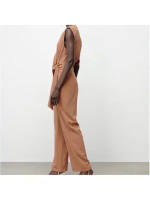 Zara Sleeveless V-Neck Jumpsuit with Side Knot in Camel Brown thumbnail 4