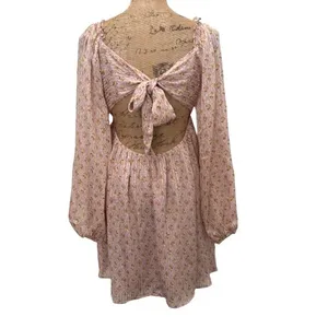 Storia Mini Dress Floral Long Sleeve Square Neck‎ Open Back Tie Pink Size Small thumbnail 4