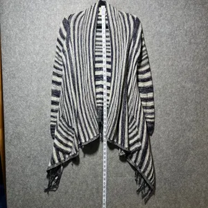 Billabong‎ Open Front Drape Cardigan Knit M Navy Blue White Striped Boho Fringe thumbnail 2
