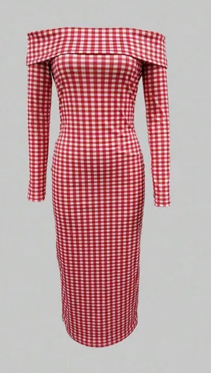 SheIn Red Gingham Off The Shoulder Maxi Dress thumbnail 1