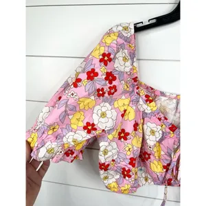 Vero Moda Pink Floral Print Puff Sleeve Tie Front Crop Blouse Size XL thumbnail 5