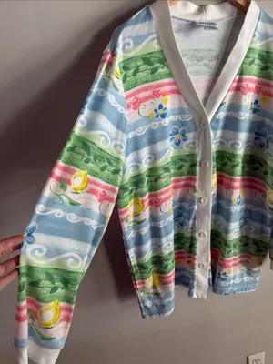 Vintage 90s Pastel Floral Cardigan Womens XL Coastal Button Front Oversized thumbnail 3