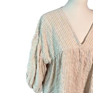 Wishlist Tan White Striped V-Neck Balloon Sleeve Babydoll Blouse Large thumbnail 3
