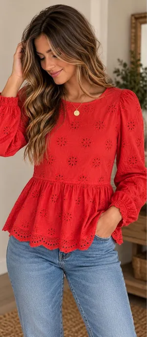 Madewell Red Eyelet Peplum Blouse thumbnail 1