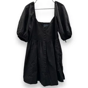 Anthropologie Maeve Puff Sleeve Smocked Button Front Black Mini Dress Size L NWT thumbnail 3