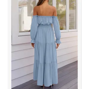 NEW Blue Off Shoulder Split Flowy Wedding Guest Maxi Dress M 8/10 thumbnail 2