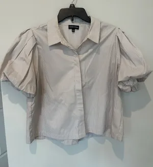 Modern Works Blouse Size L Beige Striped Puff Sleeve Button Front Shirt thumbnail 1