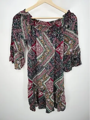 Rose & Grace Boho Patchwork Peasant Dress Rayon Off Shoulder Festival Sz‎ S thumbnail 1