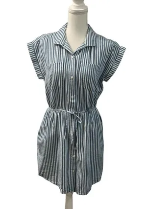 Japna 100% Cotton Blue White Striped Elastic Waist Mini Dress Pockets Medium thumbnail 2