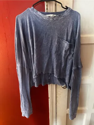 Altar'd State Blue Cropped Thermal Waffle Knit Long Sleeve Top Size L Pocket thumbnail 2