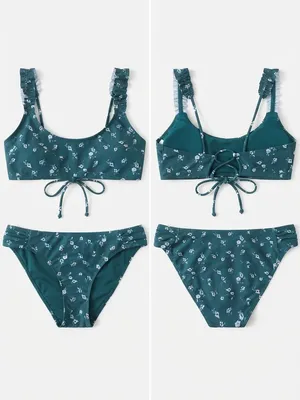 $75 NWOT Hollister Floral Ruffle Bikini Set L thumbnail 2