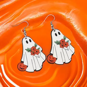 White Ghost Pumpkin Pattern Dangle Halloween Earrings‎ Wooden Jewelry thumbnail 3