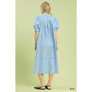 Umgee Striped Puff Sleeve Midi Dress - Blue - Large thumbnail 3