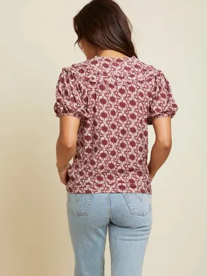 Nation LTD Judith Tee Ikat Floral Notch Neck Puff Sleeve Top‎ Mauve Top thumbnail 2