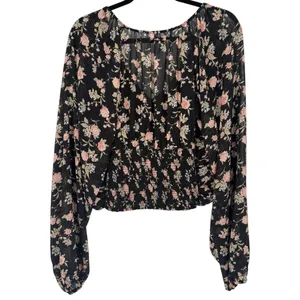 NWT Free‎ People New Final Rose Floral Ruched Cropped Blouse Top Black Sz Medium thumbnail 6