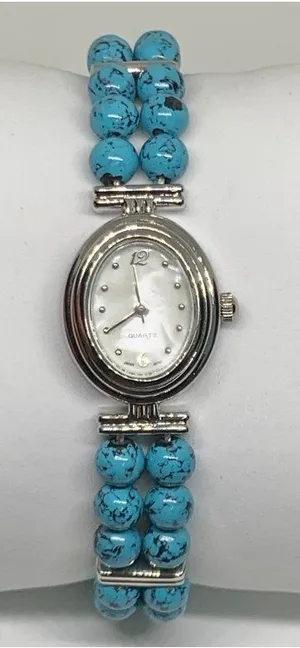 turquoise beaded bracelet silver tone women watch mop dial 19mm oval 7” running thumbnail 1