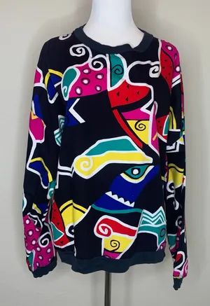 Vintage Bright 90s Pullover Cotton Sz XL Geometric Pattern Black thumbnail 1
