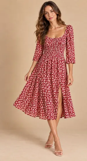 Reformation Red Ivory Floral Square Neck 3/4 Sleeve Midi Dress Size 0 Boho Style thumbnail 1