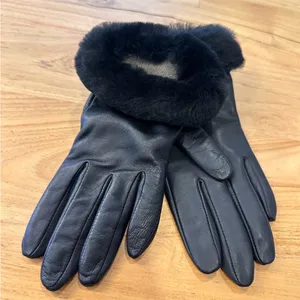 UGG Black Leather Fur-Trimmed Gloves thumbnail 5