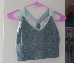 PINK Victoria's Secret seamless lightly lined sport sports bra sparkly pink on straps in gray and blue size medium. thumbnail 1