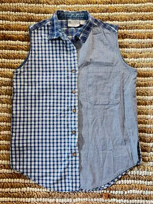 Vintage 100% Cotton Republic Denim Blue Plaid and gingham Button-Up tanktop thumbnail 1