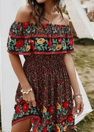 Supreme Fashion Black Floral Ruffle-Accent Off-Shoulder Dress Size XL C9-017 thumbnail 1