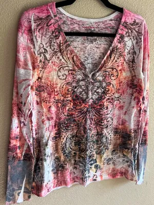 Sundance Pink Floral V-Neck‎ Long Sleeve Top size Large thumbnail 1