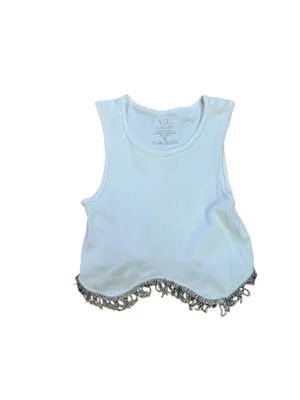 White Ribbed Rhinestone fringe Tank Top Medium Vital Life thumbnail 4