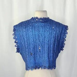 ZARA Metallic Blue Cropped‎ Sweater Cableknit Distressed Cable Knit Crop Small thumbnail 10