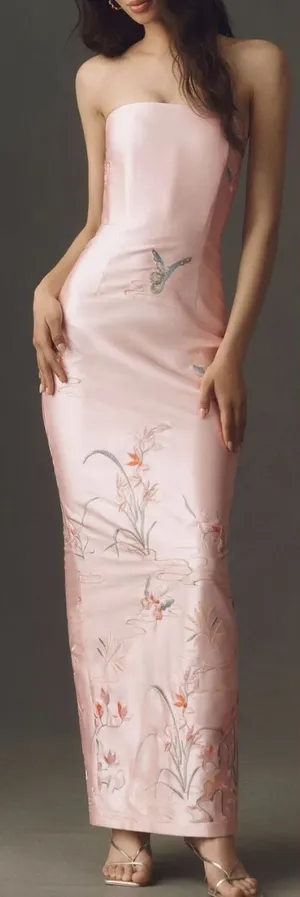 NEW SAU LEE Isla Butterfly Embroidered Strapless Satin Pink multi Gown Sz 2 thumbnail 1