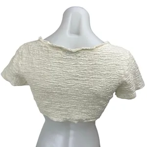 Urban Outfitters Cream Crinkle Textured Short Sleeve Button Down Crop Top Size M thumbnail 2