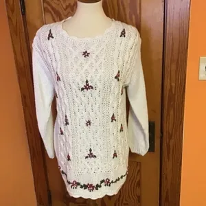 Vintage 90s Cottagecore Floral Embroidered Sweater Cream Knit Cozy Boho thumbnail 9