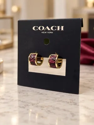 Coach Burgundy Snake-Embossed Leather Gold-Tone Hoop Earrings NWT thumbnail 3